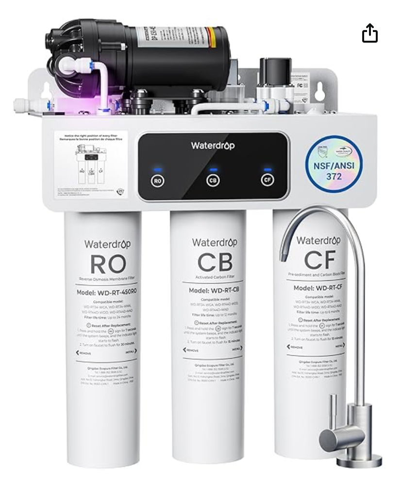 Waterdrop WD-T3-C - Filtro de agua por ósmosis inversa, de hasta 450 gpd, 8 etapas, sin tanque, relación 2:1 agua pura, certificado NSF