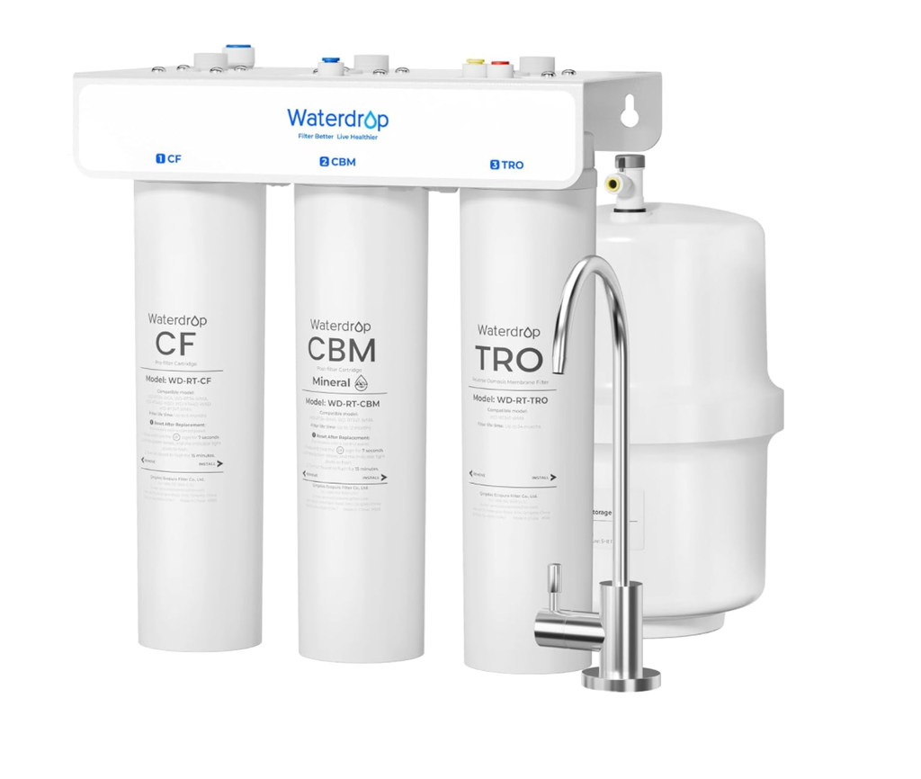 Waterdrop WD-T3-T 220 GPD, sistema de ósmosis inversa de 7 etapas con remineralización, relación 2:1 de agua pura, Certificado NSF/ANSI 372, incluye tanque de agua, no necesita energía