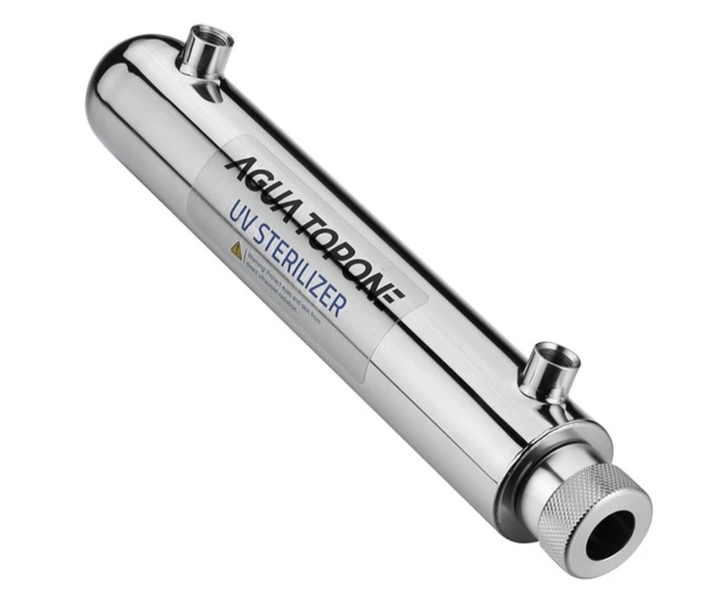 Equipo UV para desinfección de agua, marca Agua Topone, modelo SDE-004YS, 0.3 gpm, conexión 1/4", interruptor de flujo plástico, balasto EB-G6YS
